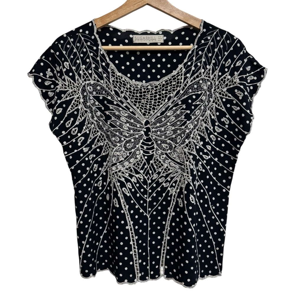 Sugarhill Boutique Polka Dot Butterfly Blouse Top Women 6 Embroidery Cut‎ Outs